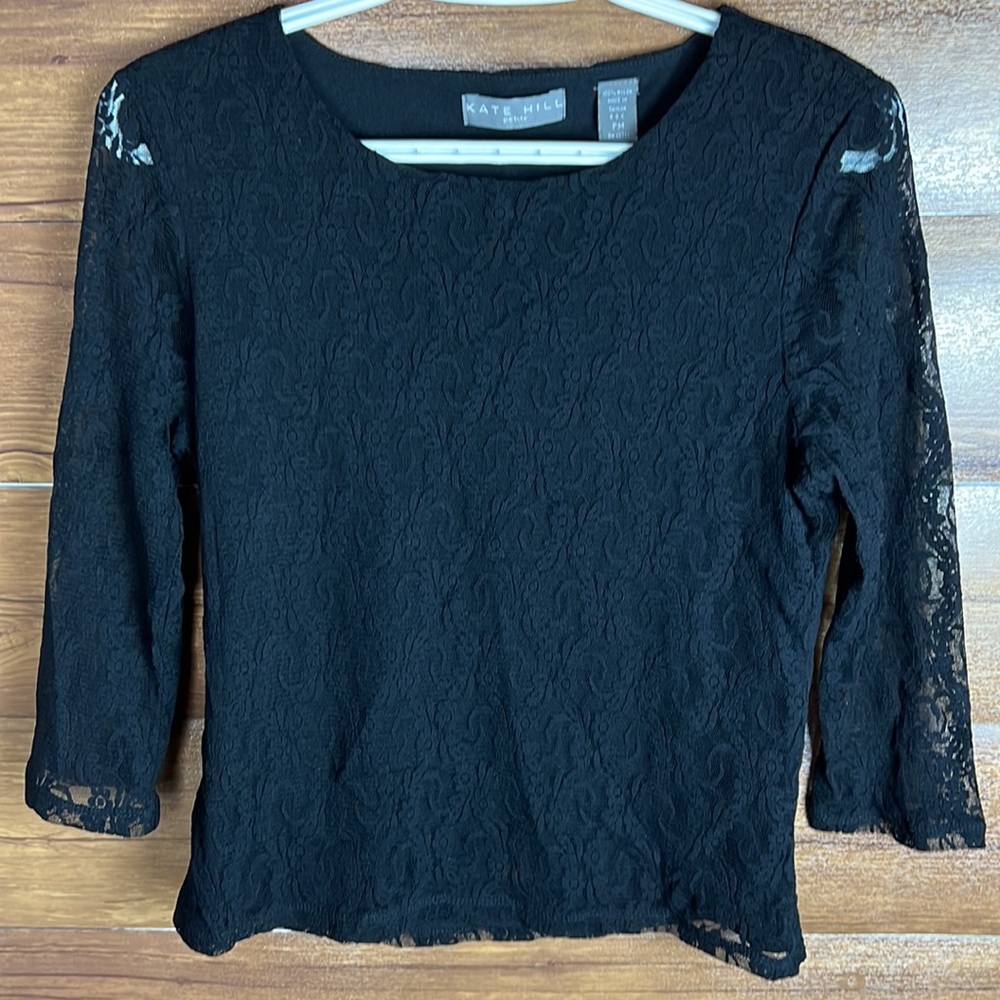 Kate Hill Black Lace Crewneck Blouse Petite Medium